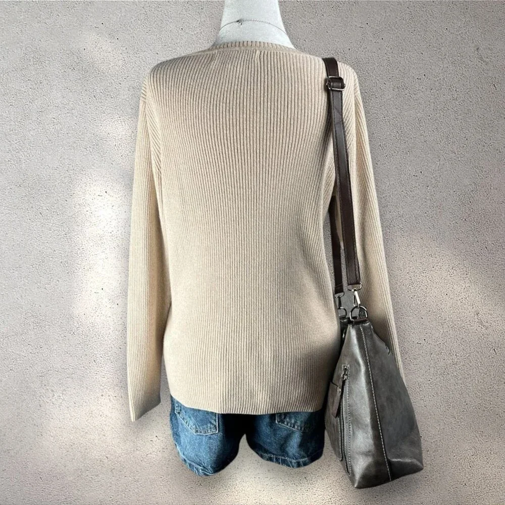 Karen Scott Pullover Sweater Women’s Small Cream Ribbed Marled V Neck Preppy Y2K